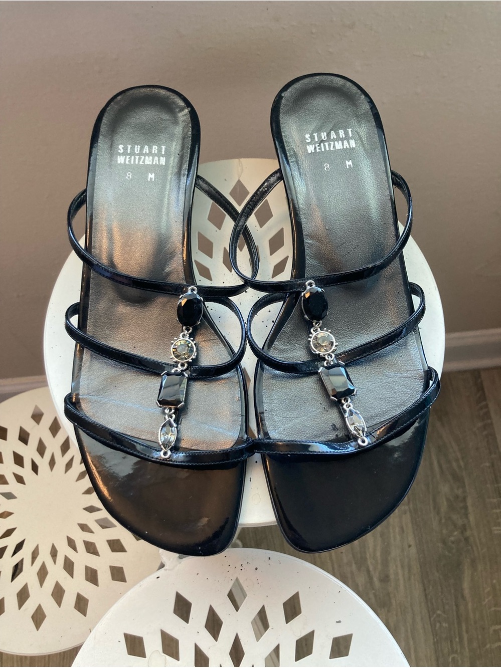 Stuart Weitzman Black Jeweled Strappy Slide Mules 8